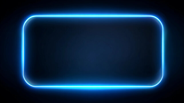 Stock image of abstract minimalist blue background with linear neon frame and glowing rounded corners, concept of futuristic 3D render design and modern digital interface style