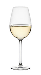 Elegant crystal glass with pale golden white wine isolated on a brilliant white studio background. Concept for luxury beverage advertising