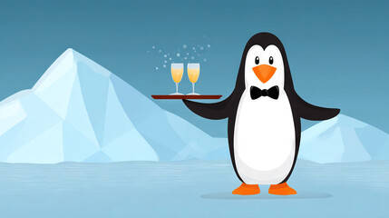 Obraz premium Penguin serving champagne glasses on a snowy mountain