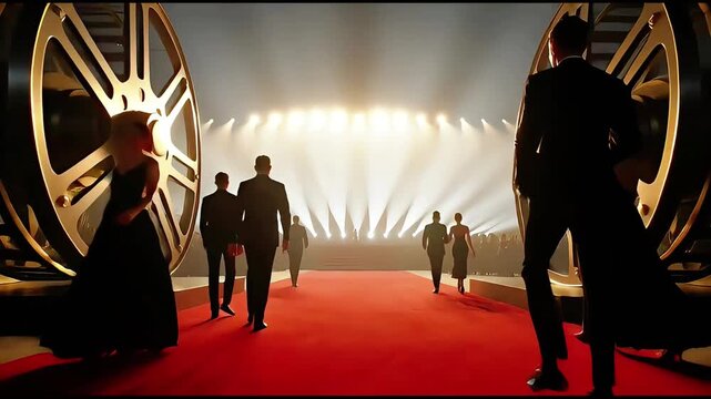 Elegant People Walking on Red Carpet Between Giant Film Reels Towards Bright Stage