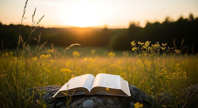 Open book on a rock in a field, sunlight streaming through, creating a peaceful scene