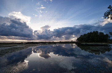 Obraz premium Tranquil coastal scene at dusk features calm water that mirrors dramatic clouds, creating a peaceful, cinematic mood. Silhouetted trees on right add balance to mirror-like surface and distant horizon