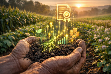 Regenerative agriculture soil carbon sequestration tax credits concept with farmer cupped hands dark soil glowing data streams holographic certificate and currency icons sunrise field