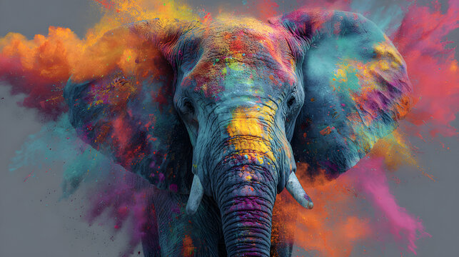 Vibrant elephant with colorful powder explosion around head