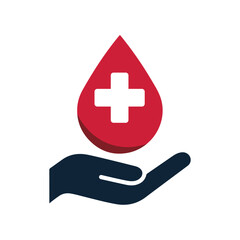 Fototapeta premium Blood Donation Icon – Hand Holding Blood Drop Symbol for Medical Help, Blood Bank, Healthcare and Charity Support.