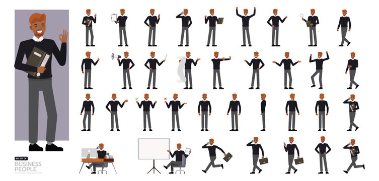 Big Set of Businessman wear dark blue shirt character vector design. People working in office planning, thinking and economic analysis. Presentation in various action.