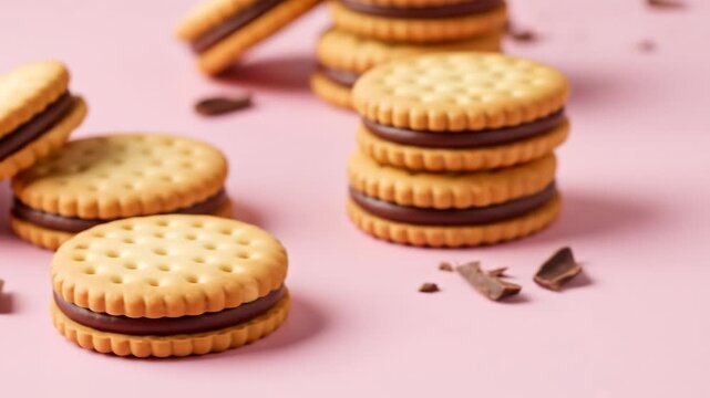 A close-up photo of sandwiched biscuits with dark filling on a pink background