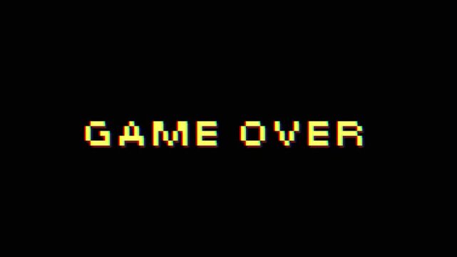 Pixelated 'Game Over' text in a classic arcade style, evoking a sense of finality and nostalgic challenge from a vintage digital experience, signalling the end of a play session