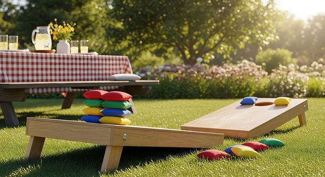 Picnic table setup on green grass in a park with trees and outdoor summer scenery.