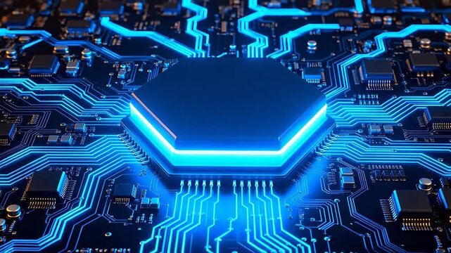 Circuit board with glowing hexagon
