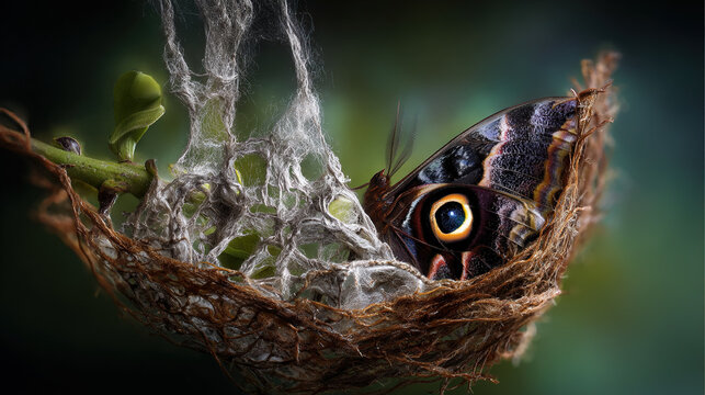 Butterfly Resting on Webbed Foliage in Forest