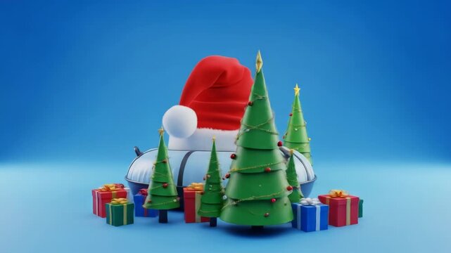 A festive holiday scene featuring a red and white winter hat atop a pile of wrapped presents and a stack of clothing, surrounded by small Christmas trees on a blue background