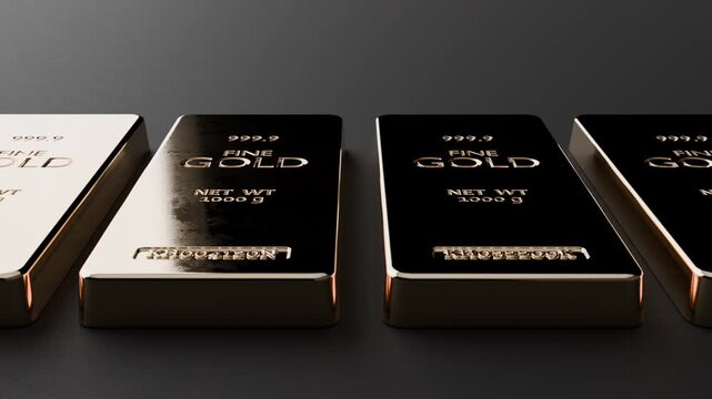 Elegant 999.9 gold ingots with glossy reflections in seamless loop animation. Ideal for luxury branding, fintech visuals and premium presentations. Part of series.