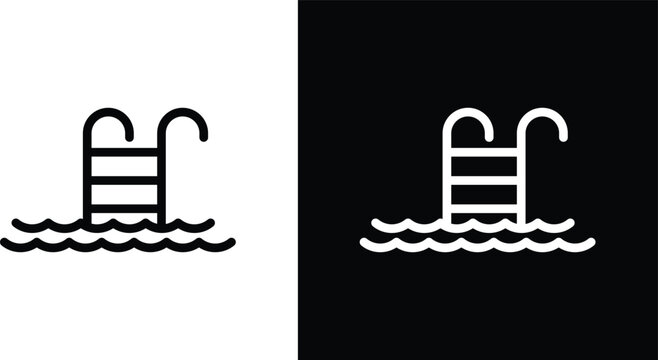 Ladder in swimming pool icon pack in black and white colors