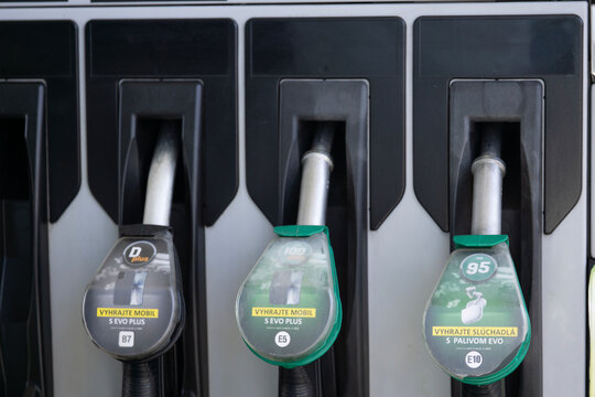 Bratislava, Slovakia, Europe - Mar 07, 2026: gas station display panel with various fuel types including evo plus diesel and 100 plus ron gasoline, grade indicators at a modern pump