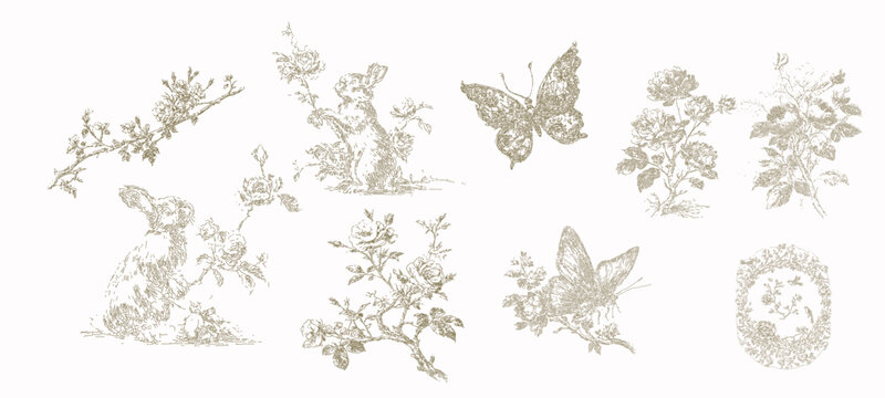 Floral bunny baroque line art clipart