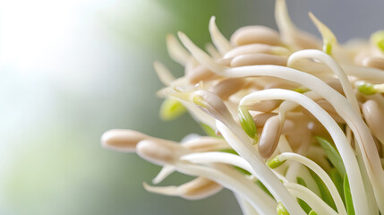 Fresh green bean sprouts growing in germination, signifying healthy eating, vegan lifestyle, organic produce, natural food, and new beginnings for vitality