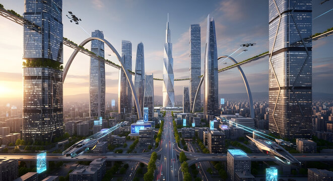 Epic futuristic megacity view focusing on soaring twisted skyscrapers elevated pathways flying crafts and vibrant sunset sky background