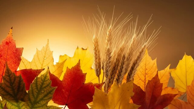 A serene arrangement of vibrant autumn leaves and golden wheat stalks against a warm, gradient background