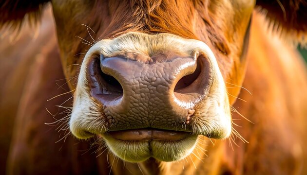A detailed close-up of a brown bovine's snout, focusing on its nostrils and fleshy texture. Its fur is visible above
