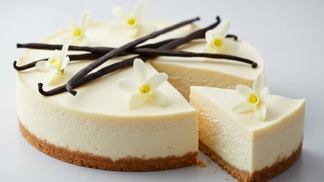 A cheesecake with a graham cracker crust, topped with white flowers and chocolate strips, with one slice removed