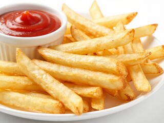 Golden french fries with ketchup on white plate isolated on white background. Crispy golden potato fries served with a small bowl of red ketchup, studio lighting