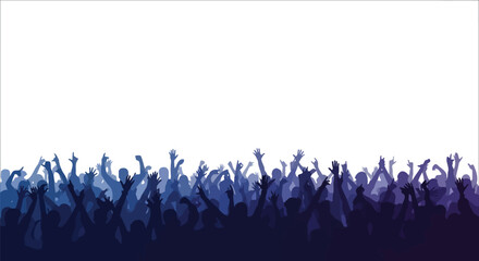 Naklejka premium Vector graphic illustration shows a large audience silhouette cheering with hands raised at an event