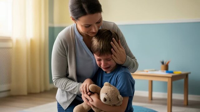 Woman comforting a crying male child holding a teddy bear, offering support and reassurance to him