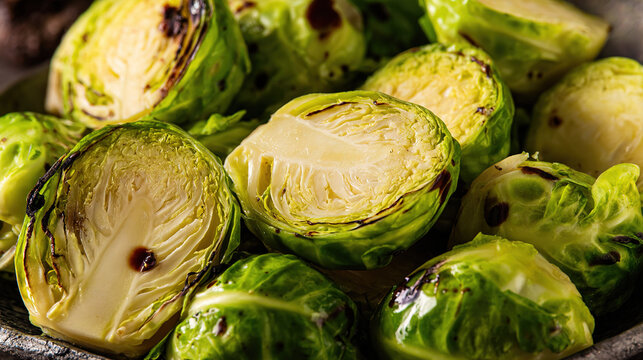 Close-up of halved brassica rabe with vibrant green leaves
