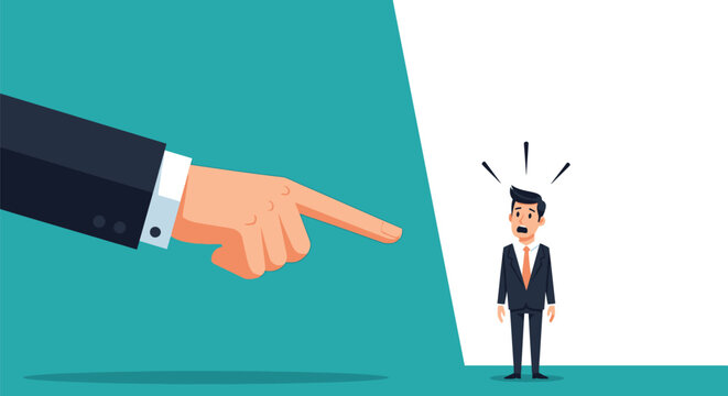 Large authoritative hand pointing a finger at a shocked businessman in a vector illustration depicting accusation or dismissal.