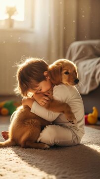 Smiling boy hugging and petting a golden retriever puppy in a sunlit room, displaying childhood pet companionship and domestic happy life. Vertical video