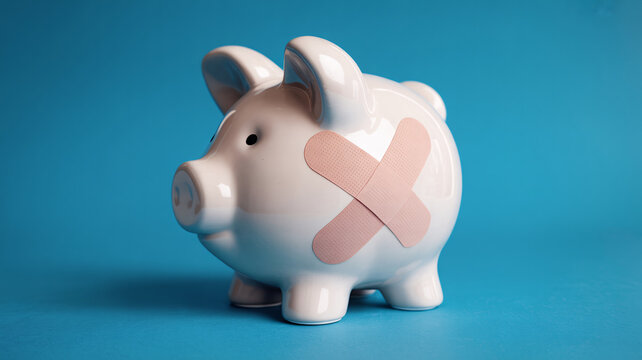 Broken piggy bank with band aid on blue background