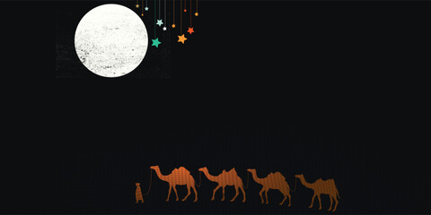 Obraz premium Ramadan Kareem background with camel caravan walking under the full moon and hanging stars in flat design style.