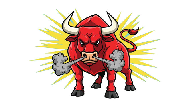 Fierce red bull illustration powerfully snorting smoke against a bright comic style background