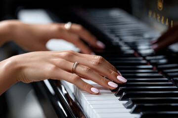 Obraz premium Elegant hands playing piano keys in a serene indoor setting during daylight hours