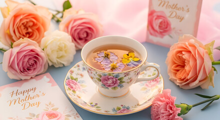 Fototapeta premium Happy mothers day tea party with beautiful roses and cards