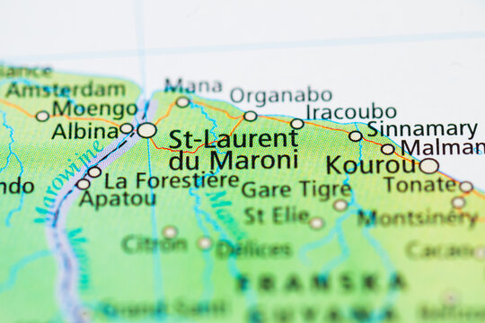 Map detail of Saint Laurent du Maroni and western French Guiana coast.