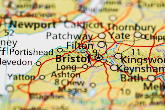 Detailed road map highlighting Bristol city and transport routes.