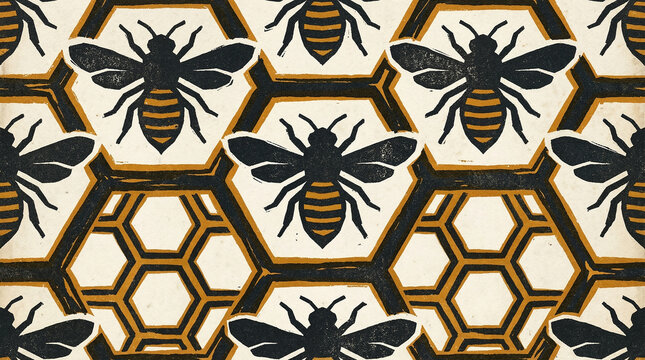 Artistic Linocut Style Bee and Honeycomb Seamless Pattern Illustration for World Bee Day Concept, Handcrafted Style Honey Bee Graphic in Hexagon Cells