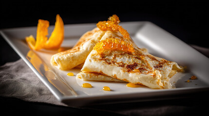 Crispy rolled pastry with citrus glaze on white plate