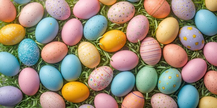 Dozens of pastel speckled and decorated Easter eggs nestled in green grass filling the entire frame. Joyful spring abundance ideal for Easter 2026 hunt themes, seasonal ads and festive packaging.