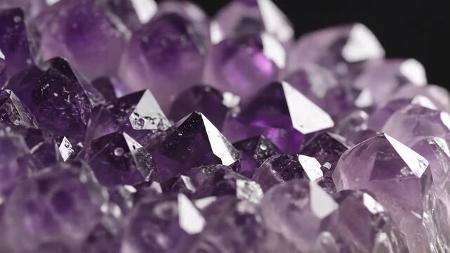 Macro shot of sparkling purple amethyst crystals with sharp facets.