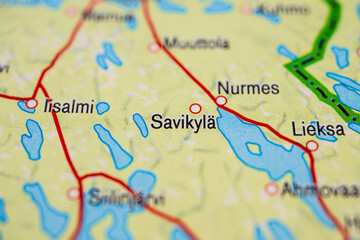 Naklejka premium Detailed map section showing Savikyla Nurmes and Lieksa in Finland.