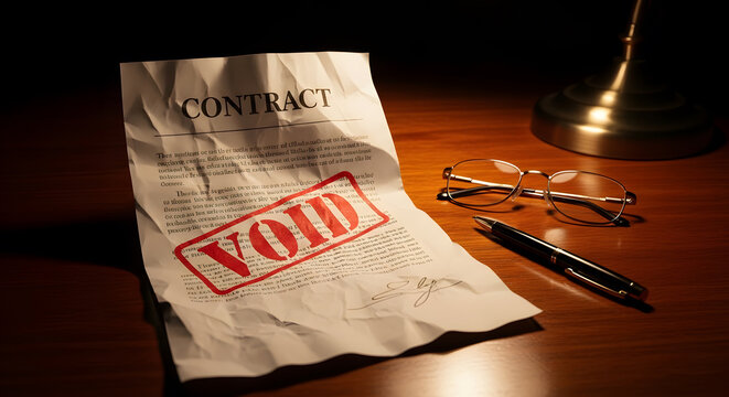 Crumpled contract with red VOID stamp on wooden office desk | Cancellation of legal business agreement and nullified partnership terms | Law office setting with eyeglasses and fountain pen | Failure