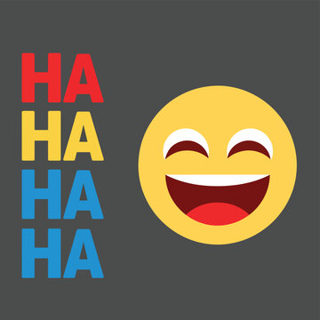 Laughing emoji with open mouth and squinting eyes next to colorful haha text on dark gray background representing happiness and april fools laughter