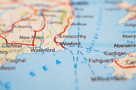 Close up map of Wexford Waterford and New Ross in Ireland.