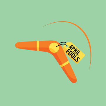 Boomerang with april fools tag flying through the air, symbolizing the playful and mischievous nature of april fools day pranks