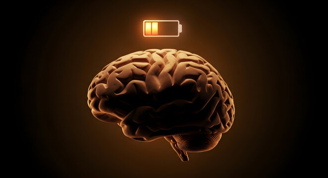 Human Brain with Low Battery Icon for Mental Exhaustion | 3D Illustration of Cognitive Fatigue and Burnout | Concept of Stress Lack of Energy and Tired Mind | Psychology and Mental Health