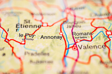 Road map detail featuring Valence Annonay and surrounding French cities.