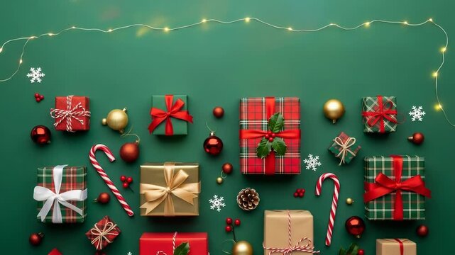 A festive arrangement of wrapped gifts, candy canes, baubles, and snowflakes on a green background with string lights